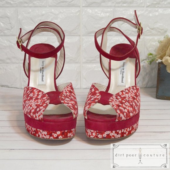 RARE, Vintage, Peep Toe, Red Velvet, Platform Shoes, Terry de Havilland - Picture 5 of 6